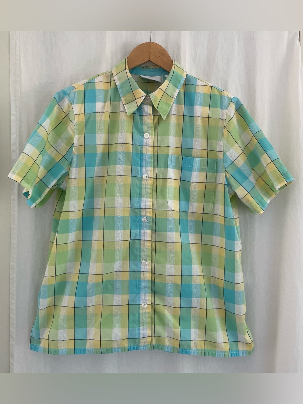 Alfred Dunner Short-Sleeve Plaid Button-Down in Aqua, Lime, Yellow & White